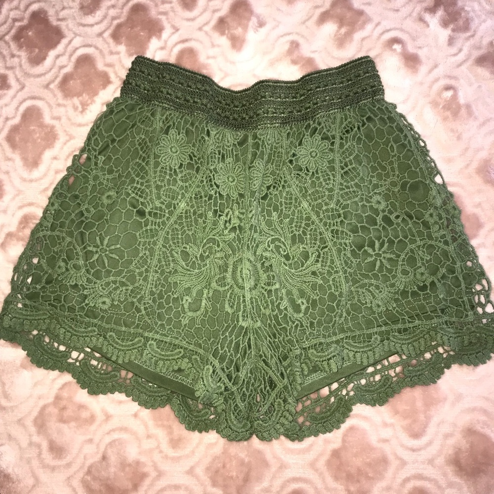 Olive green crocheted cotton shorts